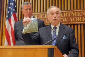 NYPD Commish Bill Bratton holds up what looks like oregano. Photo by DNA Info.