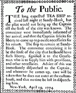 Sons of Liberty memo calling on New Yorkers to boycott British East India tea.