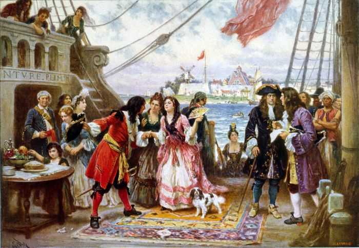 Captain Kidd entertaining guests. Painting by  Jean Leon Gerome Ferris, courtesy of Wikimedia. 